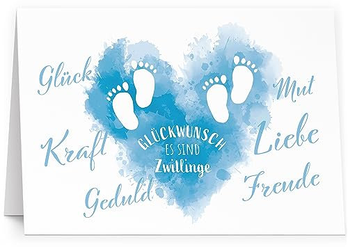 XXL Glückwunschkarte Zwillinge Junge Jungs blaue Fussabdrücke (A4) zur Geburt hochwertige Klappkarte | Große Design Maxi Karte Grußkarte Glückwunsch mit Umschlag Zwilling