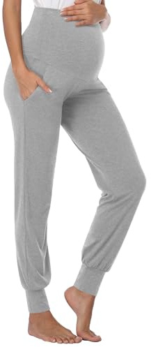 Shen&Qege Pantalon de loisirs pour femme enceinte, pantalon de maternité, pantalon de grossesse, confortable, gris clair, L