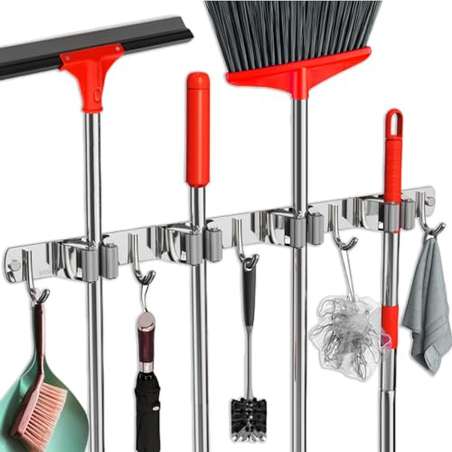 FODARSAI Mopp- und Besenhalter, Wandhalterung, verbesserter Besenaufhänger, Edelstahl, Besen-Organizer für Schrank, Garage, Waschküche, Küchenwanddekoration (4 Regale, 5 Haken, Silber)