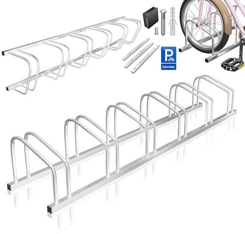KESSER® Fahrradständer für 6 Fahrräder inkl. Parkschild | Mehrfachständer mit 37cm Radabstand für 30-65mm Reifenbreite | Fahrradhalter Aufstellständer für Boden- oder Wandmontage | Radständer Silber