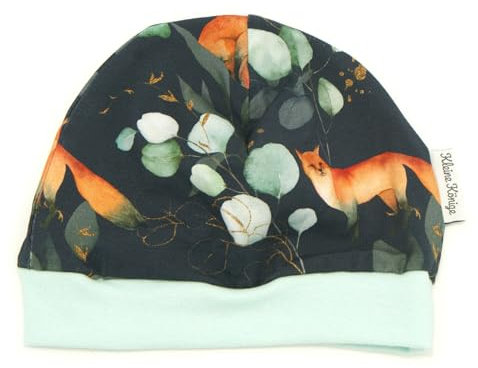 Kleine Könige Mütze Baby Mädchen Beanie · Modell Eukalyptus Fuchs Foxlove grau, Aqua · Ökotex 100 Zertifiziert · Größe 74/80