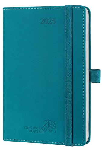 POPRUN Taschenkalender 2025 Klein Softcover mit PU-Leder, ca. A6 (16 x 10,5 cm) - Kalender 2025 Klein (Jan.2025-Dez.2025) - Terminplaner 1 Woche 2 Seite mit Stiftschlaufe - Pazifikgrün