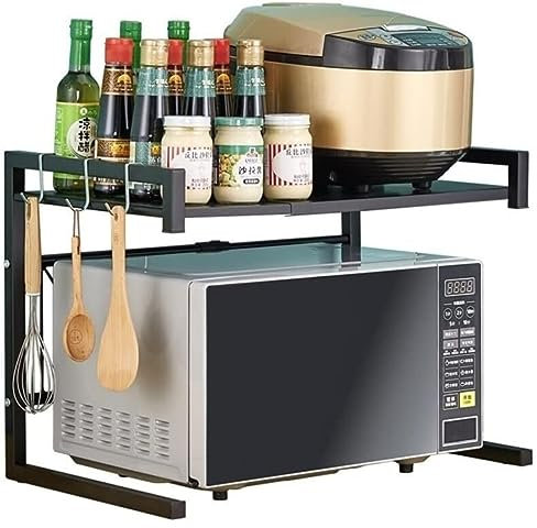 RVWLWMV Soporte para microondas, Estante para microondas Extensible, Soporte Ajustable para microondas con 3 Ganchos, Estante para microondas para encimera de Cocina, Soporte para Impresora
