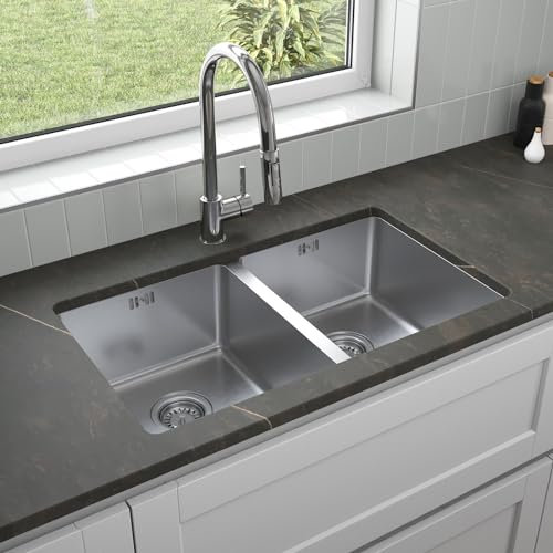 Lussena® 750 x 440mm Stainless Steel Kitchen Sink 2.0 Double Bowl Sinks Undermount Installation, Free Basket Strainer Waste