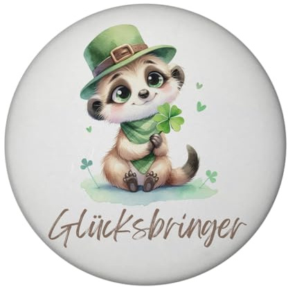 Erdmännchen Glücksbringer Magnet mit Flaschenöffner rund niedlich und süß Tier mit Kleeblatt in der Hand ideal für pflanzenliebende Freunde grün und bezaubernd