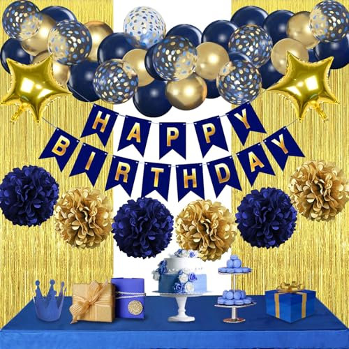 Geburtstagsdeko, Marineblau Gold Geburtstag Partydekoration für Männer Happy Birthday Banner mit Papier Pompons Wimpel Folienballon Geburtstag für Erwachsene Männer Frauen