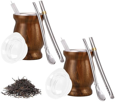 DWSFADA Yerba Mate Gourd Tea Cup 2 Set - 8 Oz Stainless Steel Double Walled Teacup with 2 Bombillas, Lid, and Cleaning Brush