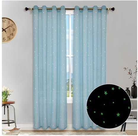 HonunGron 2 Stück Sterne Vorhang Verdunklungsvorhänge, Im Dunkeln leuchtende Sternvorhänge, Halbtransparent Sterne Vorhänge mit Ösen für Kinderzimmer Wohnzimmer Schlafzimmer (Blau,213 X 132cm H x B)