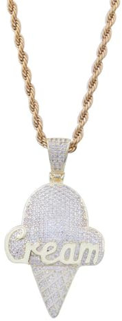 hixswnu 14K Gold Plated Hip Hop Iced Out Bling Ice-Cream Pendant Necklace with Zircon Paving and Stainless Steel Rope Link Chain for Men and Women