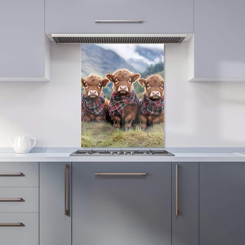Premium Trio Of Baby Highland Cows Kitchen Splashback 6mm Toughened Glass Kitchen Splashback – Heat Resistant Splashback for Kitchens, Perfect for Cookers and Hobs, Polished Edges