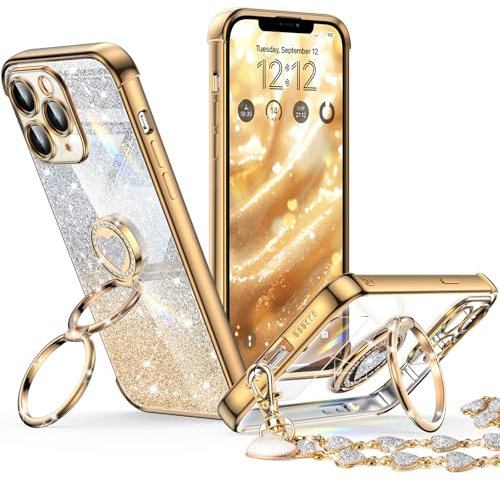 XYZ for iPhone 11 Pro Case with Stand, Phone Case with Double Ring Kickstand, Women Girls Bling Luxury Glitter Clear Phone Case Cover Heart for iPhone 11 Pro, Gold
