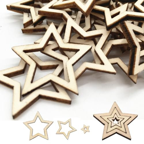 100 Stück Holzsterne Streudeko, Holzsterne Rahmen, Holzsterne zum Basteln, Holzsterne Deko für Weihnachten, Hochzeit, Geburtstag, Anhänger (10 mm, 20 mm, 30 mm)