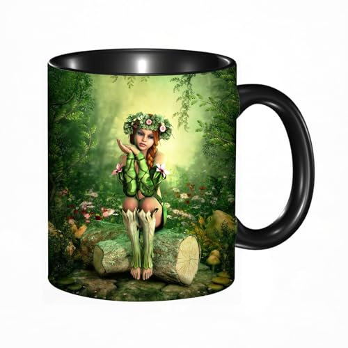 reyawdf Original Tasse mit lustigem Design,Waldfee mit einer Kopfbedeckung aus Blättern,330ml, für Kaffee- und Teeliebhaber, als Geschenk für Weihnachten, Geburtstag und mehr