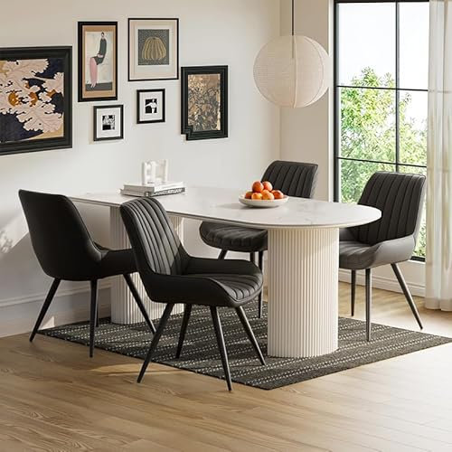 Moderner gepolsterter Esszimmerstuhl - Extra dickes Sitzkissen, Künstlicher Stoff Esszimmerstühle Küchenstuhl Polsterstuhl Wohnzimmerstuhl Sessel mit Rückenlehne, Metallbeine (Schwarz, 4er Set)