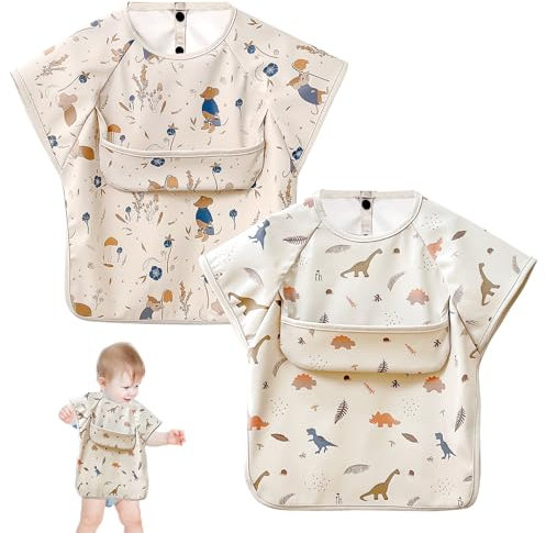 SUNOYA 2er Set Lätzchen Baby, Wasserdichte Fütterungs-Lätzchen mit Kurzen Ärmeln, Hautfreundlich und Maschinenwaschbar, Ideal für BLW