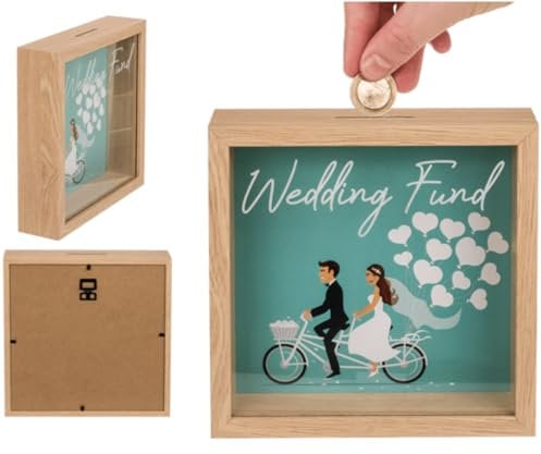 LND Gifts Wedding Fund Savings Box, Engagement Gifts For Couples, Wooden Wedding Fund Money Pot, Wedding Savings Box Engagement Gift 20cm x 20cm Large Money Box for Wedding Fund