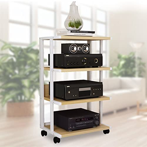 ASumPio Media Player Stand DVD/CD Rack Audio Stand Power Amplifier Theater Equipment Cabinet with Wheels Movable Multipurpose Storage Cart 4-Tier Wooden Shelf,