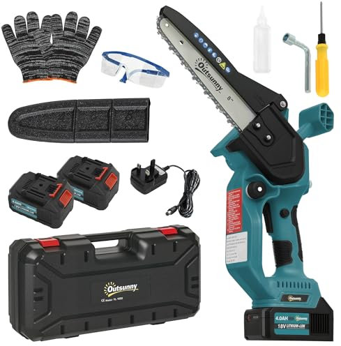 Outsunny Mini Chainsaw Cordless, 8 Inch Electric Chainsaw with 2 x 4000mAh Batteries, Brushless Motor and Safety Lock for Tree Trimming, Garden, Wood Cutting, Blue