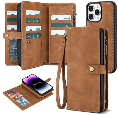 TwoHead for iPhone 14 Pro Max Wallet Case with 11 Card Holders,Brown | Detachable Magnetic Phone Case, PU Leather Wallet for Women/Men, with Wrist Strap