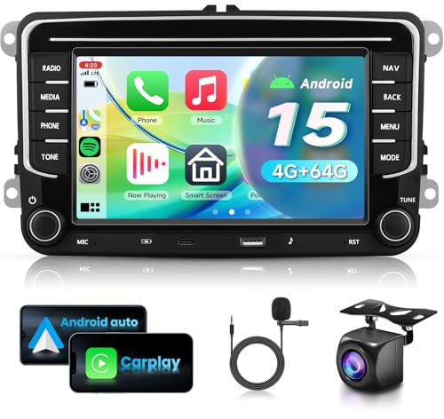 VECHTEL 4G+64G Autoradio Android 15 für VW Golf 5 6 Passat Jetta Caddy EOS T5 Tiguan Touran CC Polo, 7'' HD Touchscreen mit Drahtloses Carplay Android Auto GPS Wi-Fi USB TYP-C Bluetooth FM RDS Kamera