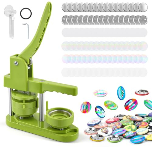 Buttonmaschine Knopfmacher-Abzeichenmaschine 58 mm DIY Buttonpressen-Set ohne Installationsaufwand mit 100 Metall-Buttonteilen, Regenbogenfolie & Rundschneider für Partys und Geschenke