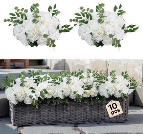 VEVOR Flower Balls Arrangement Bouquet 10 PCS, 17.7-Inch Max Diameter Artificial Flower Balls Wedding White Roses Centerpieces, Faux Flowers Arrangements for Wedding Centerpiece Home Table Decorations