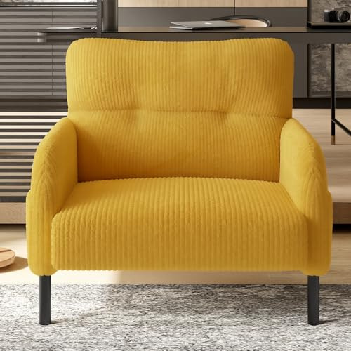 KOMHTOM Fauteuil Simple Places en Velours Côtelé avec Dossier Haut Confortable, 4 Poches et Pieds en Métal - Canapé d'angle Moderne pour Salon, Chambre à Coucher et Bureau (Jaune - 1 Place)