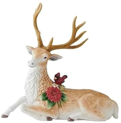 Fitz and Floyd Weihnachtsstern Urlaub ruhender Hirsch mit Kardinalfigur, weihnachtliche Keramik, saisonale Dekoration, 33,25 cm