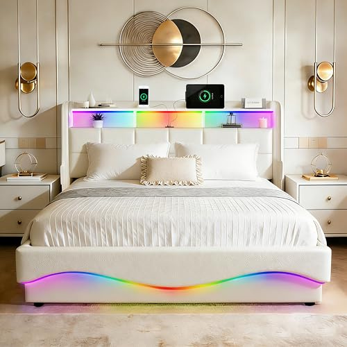 XMFFPM Weißes Leder-Bettgestell 140x200 cm mit USB & Type-C | Bett mit Gasdruckfeder-Stauraum, LED-Beleuchtung, Leder-Kopfteil, Polsterbett, geräuschfrei, ohne Matratze