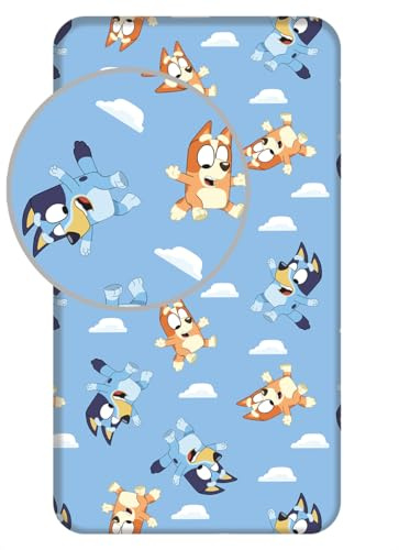 Bluey Spannbettlaken, 100 % Baumwolle, Einzelbettlaken mit elastischen Ecken, 90 × 200 + 25 cm, Kinder-Bettlaken, offizielles Bluey-Lizenzprodukt