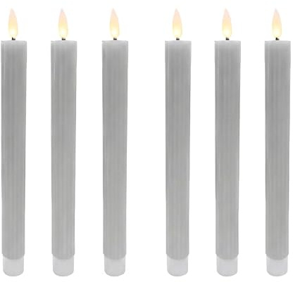 Relaxdays LED Stabkerzen, 6er Set, HxD: 25 x 2 cm, flackernde Flamme, Echtwachs, Rillen, flammenlose Kerzen, hellgrau