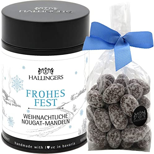 Hallingers Nougat-schokolierte Mandeln hand-gemacht (150g) - Frohes Fest (Premiumdose) - Weihnachten 2023, Für Sie#Für Ihn - Geschenk zu Ostern 2023