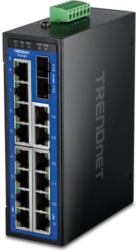 TRENDnet, TI-G162, Switch DIN-Rail Gigabit industriale non gestito a 16 porte rinforzato, 14 porte Gigabit, 2 slot SFP Gigabit, capacità di commutazione di 32 Gbps