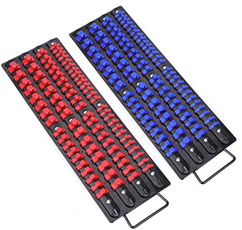 CASOMAN 80-Piece Portable Socket Organizer Tray, 2 Pcs Set, Blue & Red, 1/4-Inch, 3/8-Inch, 1/2-Inch,Heavy Duty Socket Organizer, Black Rails, Blue & Red Clips