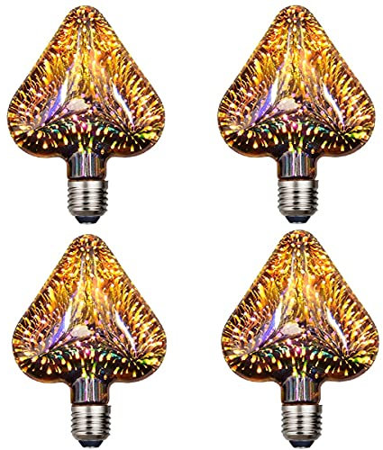 KINGCOO Feuerwerk Glühbirnen, 3D Sterneneffekt Vintage Edison Glühbirne 4W E27 Filament Retro Gebeizt Silber Glas Ampulle Dekorative Lampe Ferienhaus Weihnachtsdekoration,AC85V-240V (Herz, 4 Stück)