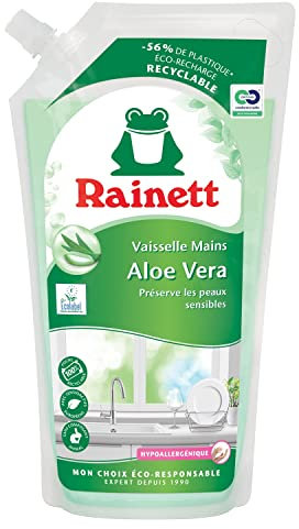 RAINETT - Liquide Vaisselle Mains - Formule Hypoallergénique - Préserve les Peaux Sensibles - Poche 100% Recyclable - Ecolabel - Aloe Vera - Éco-Recharge 1 L