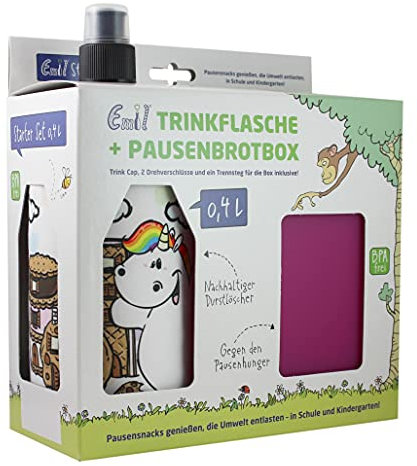 Emil Trinkflasche aus Glas inkl. Brotbox & Ersatzverschlüsse – Starterset zur Einschulung - BPA-frei & schadstofffrei, isolierend – Ziehverschluss für Wasser, Saft & Milch – Pummel & Zebrasus© (0,4l)