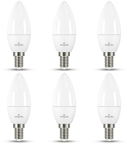 Amindu LED Birne E14 (6er Pack) – 4.9W ersetzt 40W H-Glühlampe – Energieeffizientes und dimmbares Leuchtmittel E14 in Kerzenform mit 470 Lumen – 4000k Kaltweiß