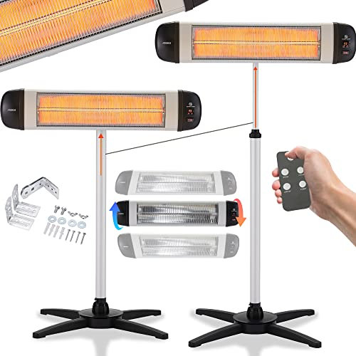 Arebos® Infrarot Heizstrahler 2500 W mit Fernbedienung | mit Kreuzstativ | Höhenverstellbar | Schwenkbar | Schutzklasse IP34 | 3 Heizstufen | inkl. Wandbefestigung | Außenbereich | Silber