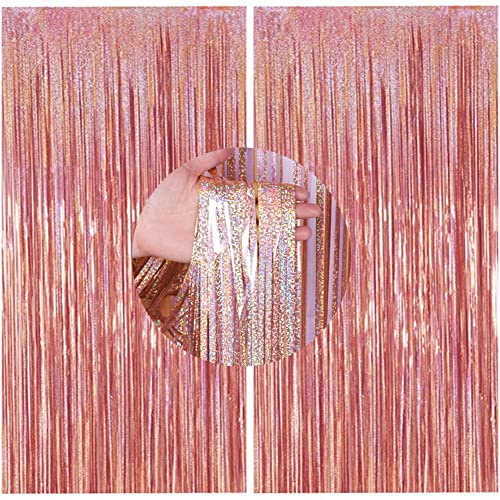 2 Stück Metallische Lametta Vorhänge, Lametta Vorhänge Hintergrund, Deko Folie Fransen Vorhänge Hintergrund, DIY Photo Booth Dekorationen, Fenster Foto Requisite für Festival (Roségold, 1x2.5m)