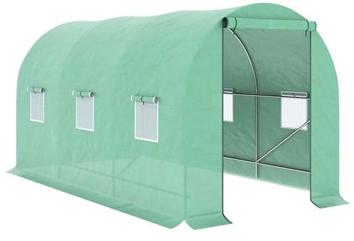 Outsunny Invernadero de Exterior 4x2x2 m Invernadero de Túnel con 6 Ventanas de Malla y Puerta Enrollable con Cremallera Invernadero de Huerto Anti-UV para Patio Jardín Verde