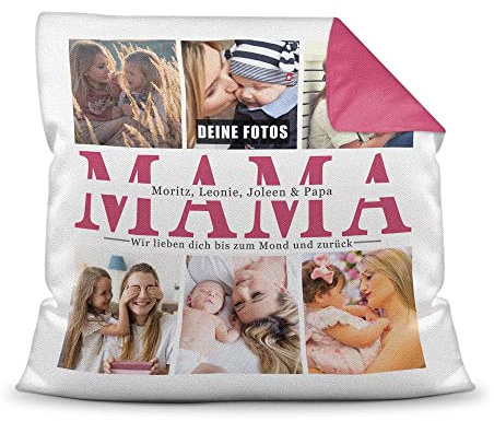 Foto-Kissen selbst gestalten - Mama wir lieben Dich - Collage mit 6 Fotos & Namen - Geschenk für die Beste Mama von Kindern - inkl. Füllung, Farbkissen Rückseite Pink, 40x40 cm