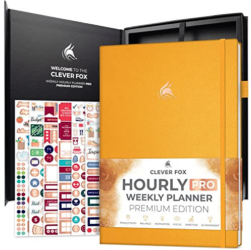Clever Fox Stundenplaner PRO Premium – undatierter Terminplaner mit täglichen Zeitschlitzen – persönliches Organizer-Notizbuch für Zeitmanagement – Wochen- und Monats-Journal, A4-Größe (Bernsteingelb)