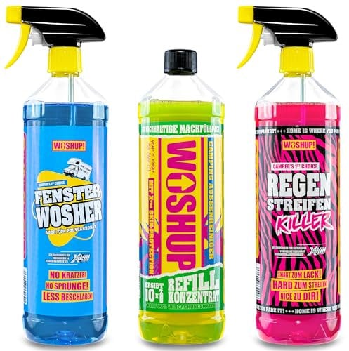 WOSHUP! Wohnwagen Reiniger 3-in-1 Set Starter Pack, 1L Konzentrat + 1L High Power Regenstreifen Killer + 1L Fensterwosher, mit Xtra Skin Schutzfilm, Reiniger für Camping, Caravan, Wohnmobil, Markise