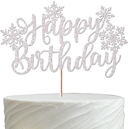 Xsstarmi 1 Pack Snowflake Happy Birthday Cake Topper Glitter Winter Frozen Theme Cake Pick Decorations for Happy Birthday Theme Christmas Baby Shower Kids Birthday Party Supplies Silver