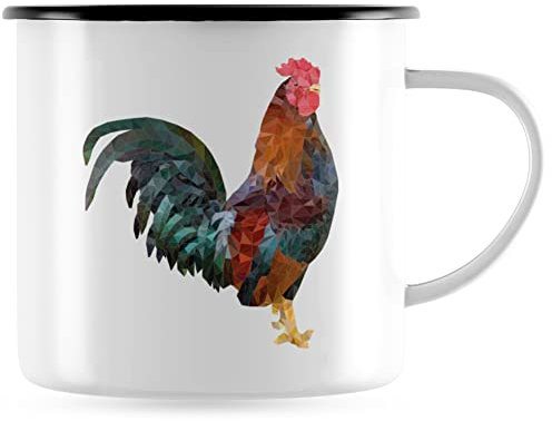 JUNIWORDS Emaille-Tasse, Low-Poly Hahn, Schwarzer Tassenrand (1008985)