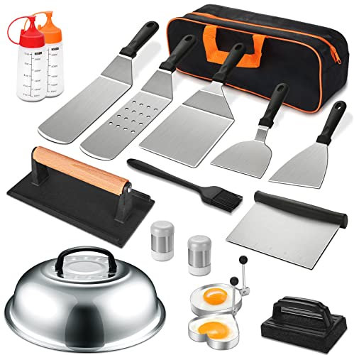 18-teiliges Grillzubehör-Set, flache Oberseite, Grillzubehör-Set für Blackstone und Camp Chef, Grillspachtel-Set mit vergrößerten Spateln, Backabdeckung, Schaber für Grillen im Freien