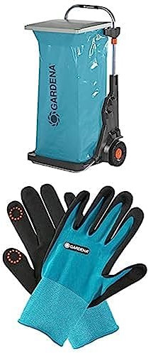 Gardena Gartenmobil: Vielseitiger Transportwagen für den Garten, mit integrierter Sackkarre, rasenschonende Räder, mit Deckel und Müllsack (232-20) + Gardena Pflanz- und Bodenhandschuh 9/L(11512-20)