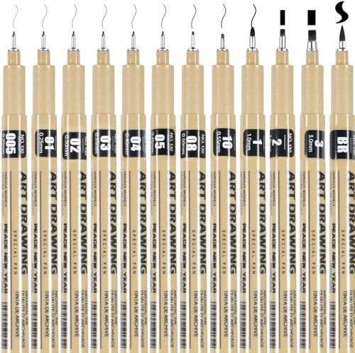 Newtic 12-teiliges Set mit wasserfesten Pigmentstiften mit 12 verschiedenen Linienbreiten für Skizzen, technische Zeichnungen, Künstler, wasserfester Tintenstift für Illustrationen