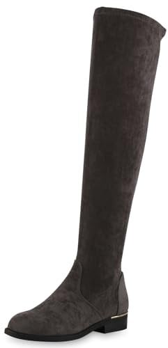 VAN HILL Gefütterte Damen Overknees Metallic Winter Stiefel Leder-Optik 611530 Grau 38